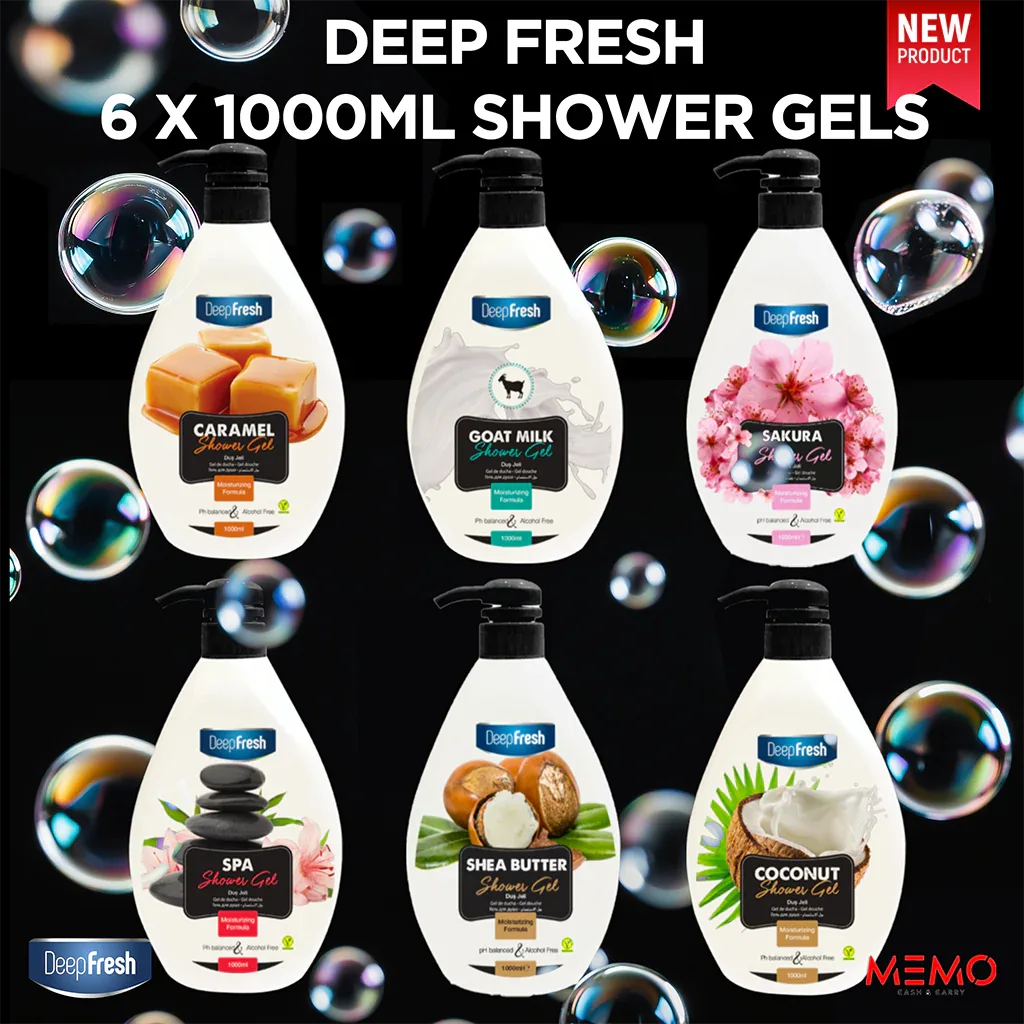 DEEP FRESH 6 X 1000ML SHOWER GELS, Caramel, Spa, Goat Milk, Shea Butter, Sakura and Coconut Shower - Memo Cash and Carry 