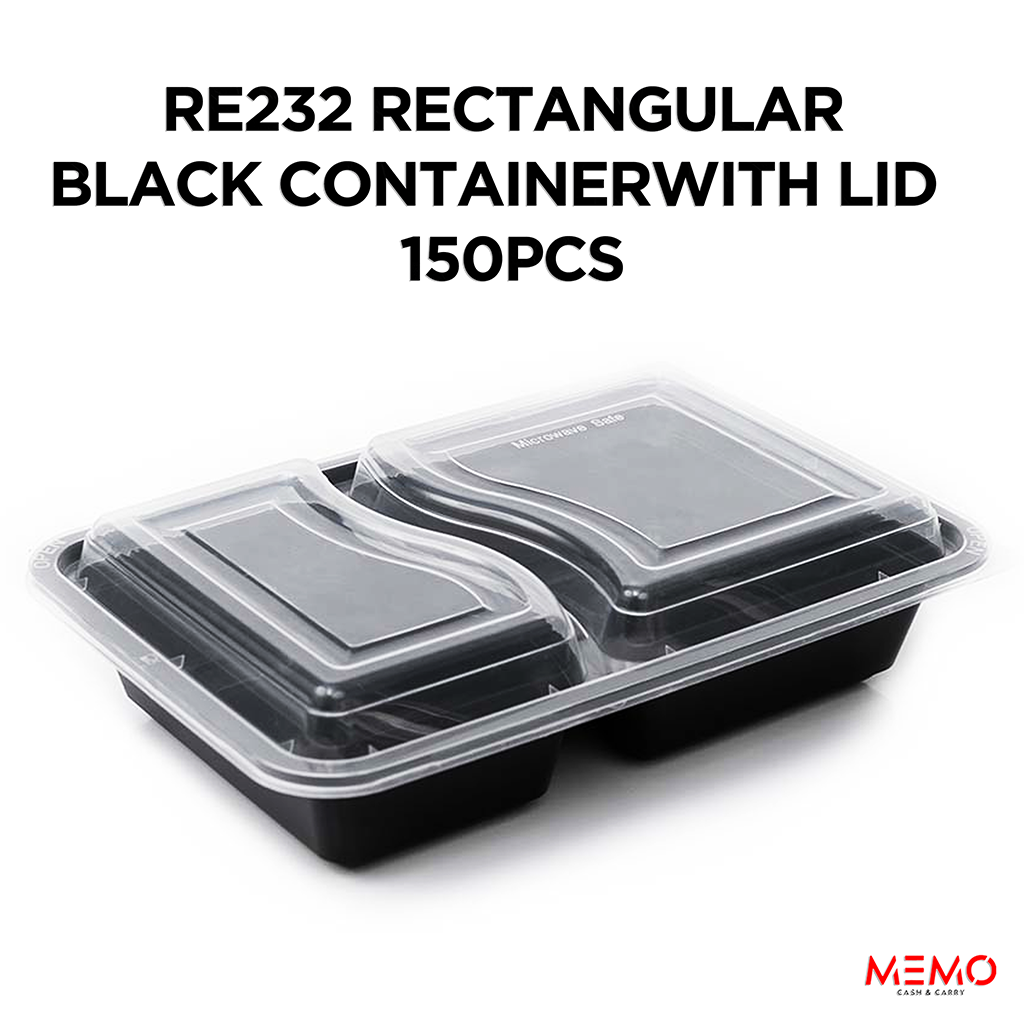 RE232 Rectangular Black Container with Lid 1x150 – extra-large durable rectangular black takeaway food container with secure lid product image
