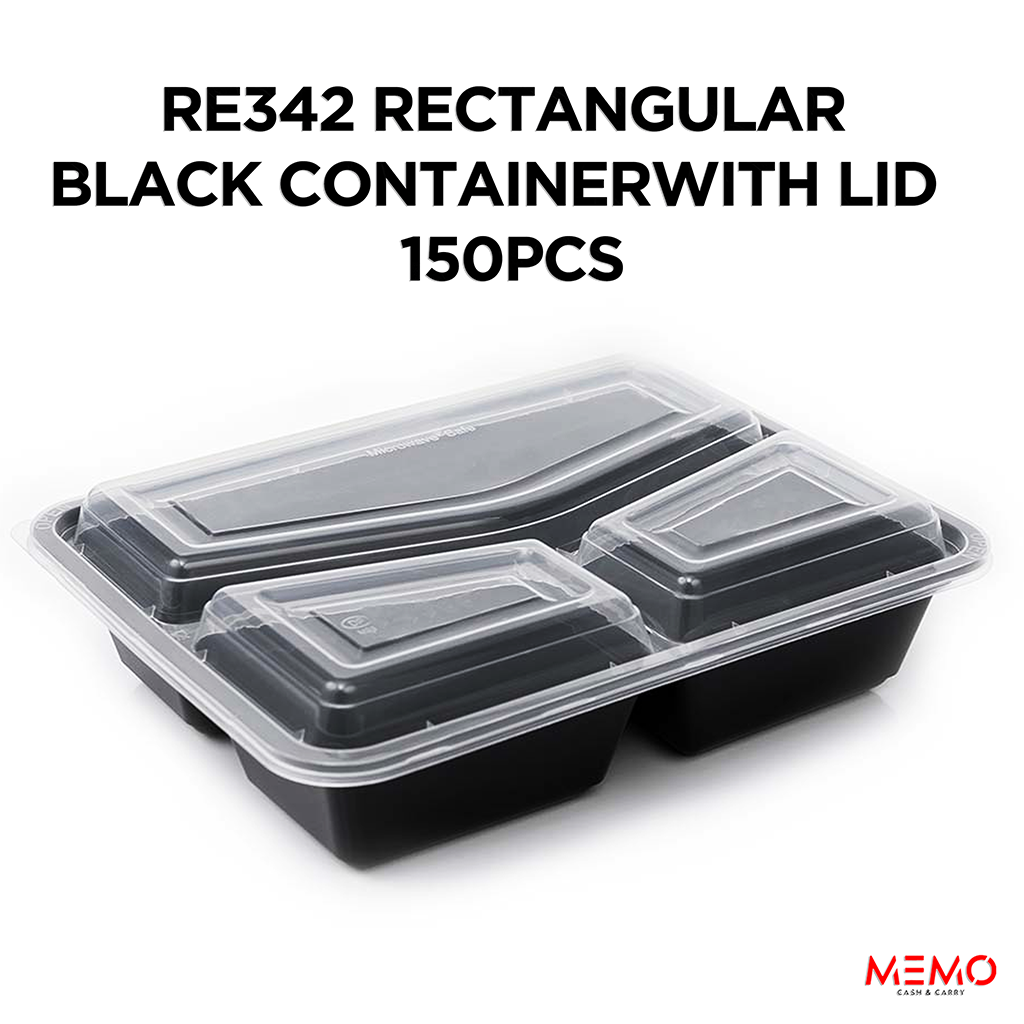 RE342 Rectangular Black Container with Lid 1x150 – durable rectangular black takeaway food container with secure lid product image
