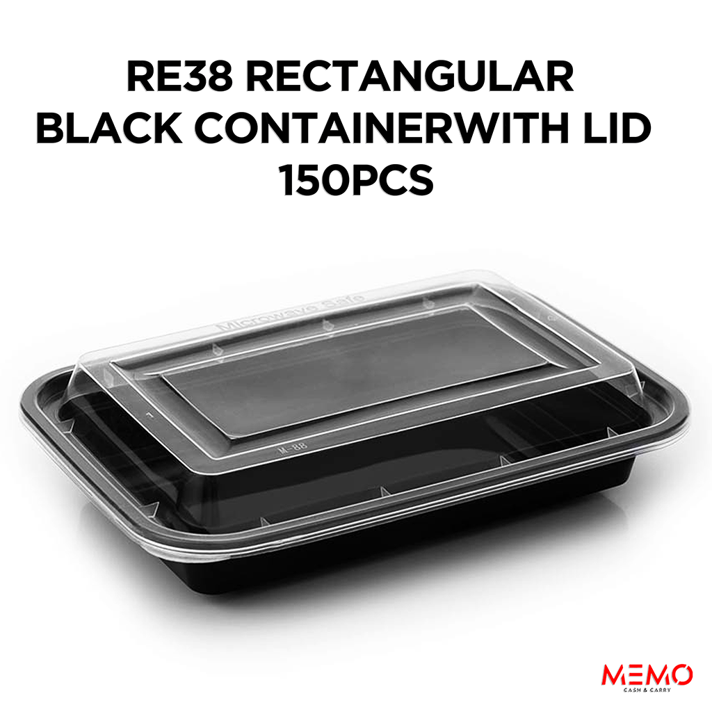 RE38 Rectangular Black Container with Lid 1x150 – durable rectangular black takeaway food container with secure lid product image
