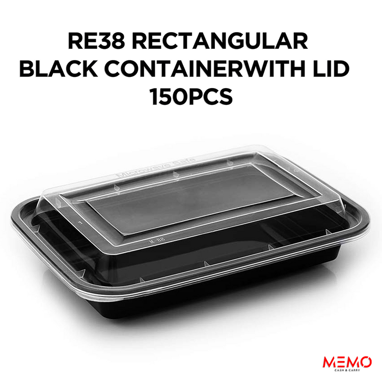 RE38 Rectangular Black Container with Lid 1x150 – durable rectangular black takeaway food container with secure lid product image
