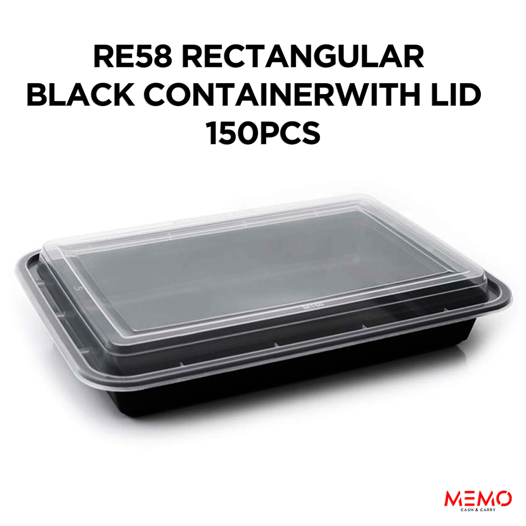 RE58 Rectangular Black Container with Lid 1x150 – large durable rectangular black takeaway food container with secure lid product image
