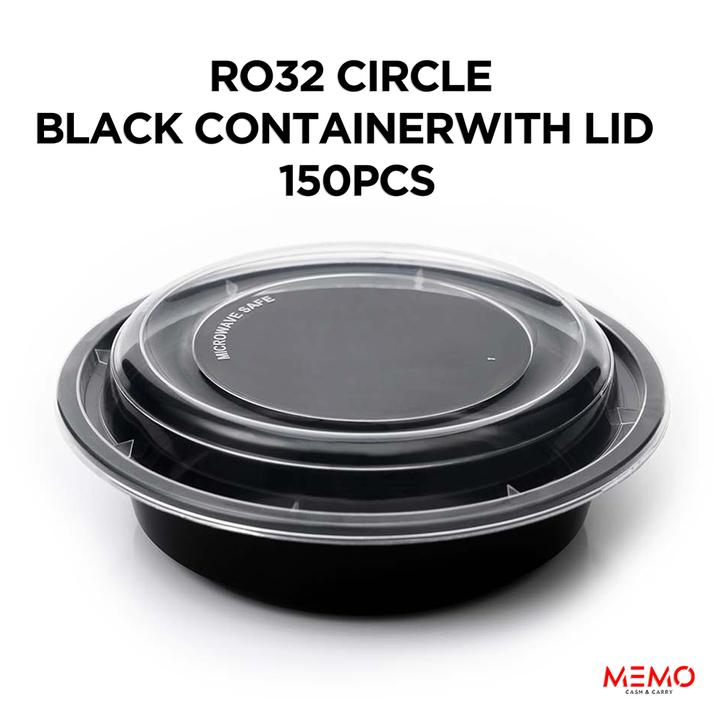 RO32 Circle Black Container with Lid 1x150 – durable round black takeaway food container with secure lid product image
