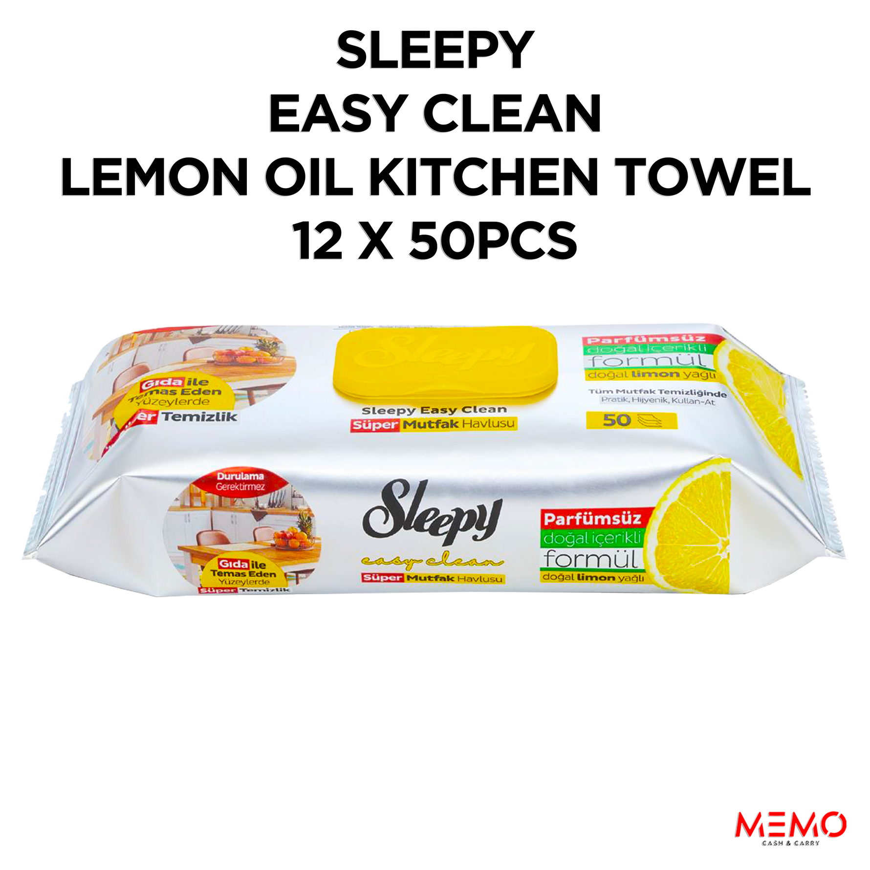 Sleepy Easy Clean Lemon Oil Kitchen Towel 50pcs x 12 Packs – lemon oil–infused kitchen cleaning wipes product image
