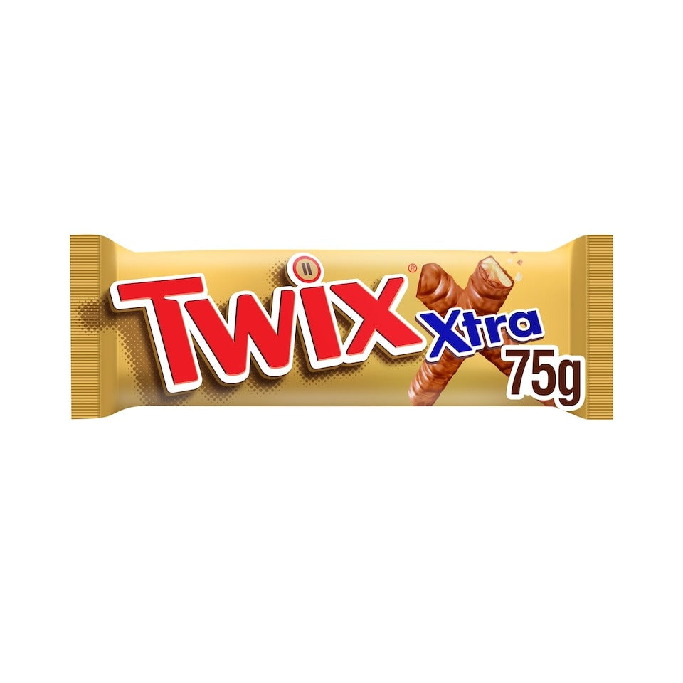 Twix Xtra Chocolate Biscuit Twin Bars (30 x 75g) – product image of extra-large twin biscuit bars with caramel coated in milk chocolate
