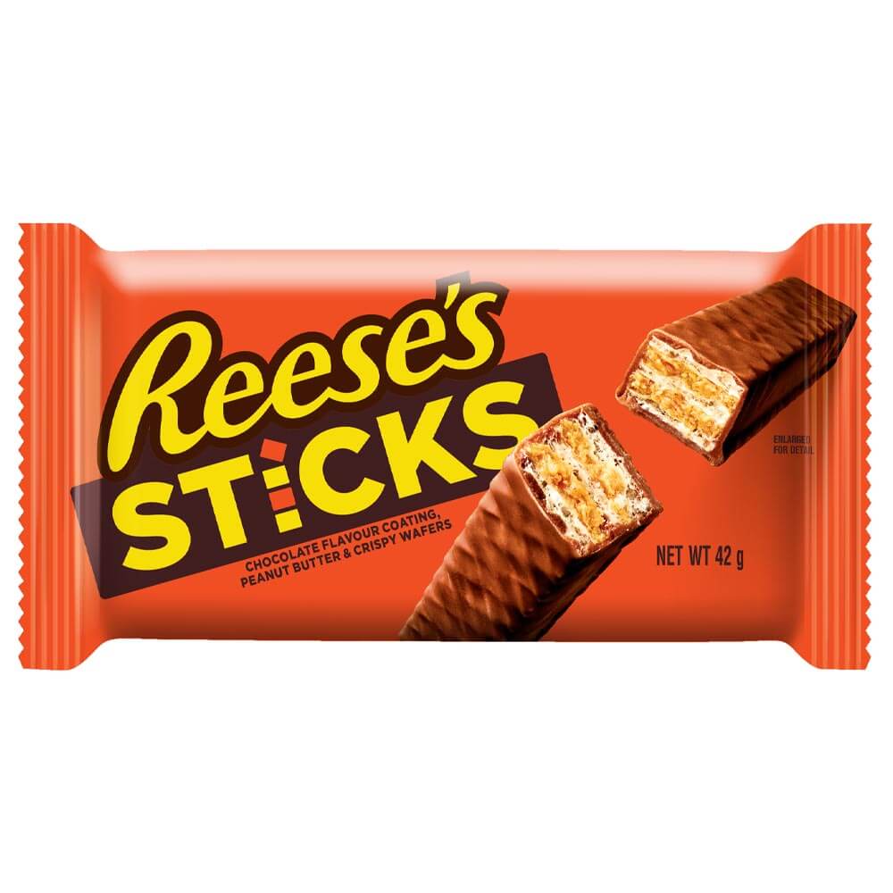 Reese's Sticks (20 Packs x 42g) – product image of crispy wafer sticks layered with peanut butter and coated in milk chocolate
