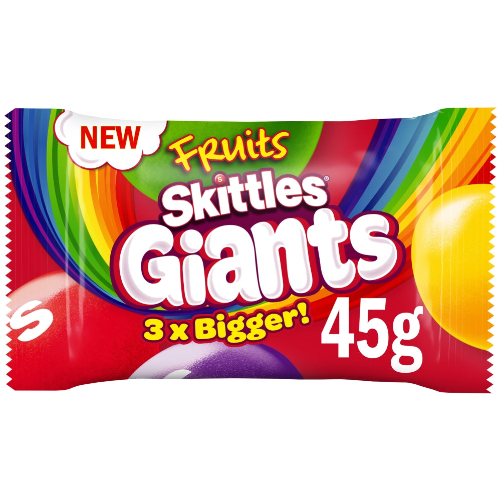 Skittles Giants Vegan Chewy Sweets Fruit Flavoured Bag (35 Packs x 45g) – product image of extra-large vegan fruit-flavoured chewy candy pieces
