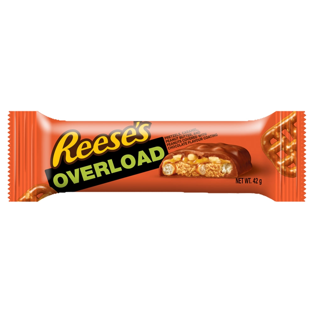Reese's Overload Chocolate Bar (18 Packs x 42g) – product image of milk chocolate bars loaded with peanut butter, caramel, and peanuts
