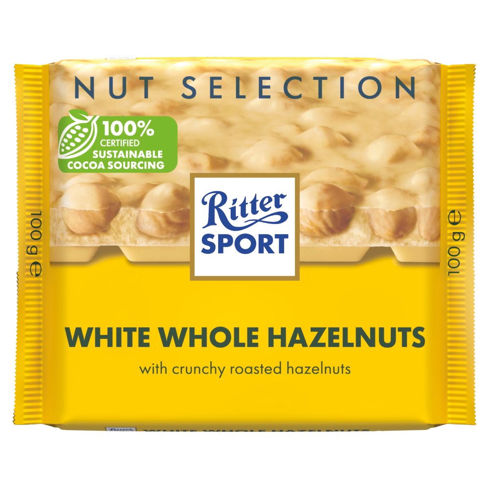 Ritter Sport White Whole Hazelnut (5 Packs x 100g) – product image of creamy white chocolate bars with whole roasted hazelnuts
