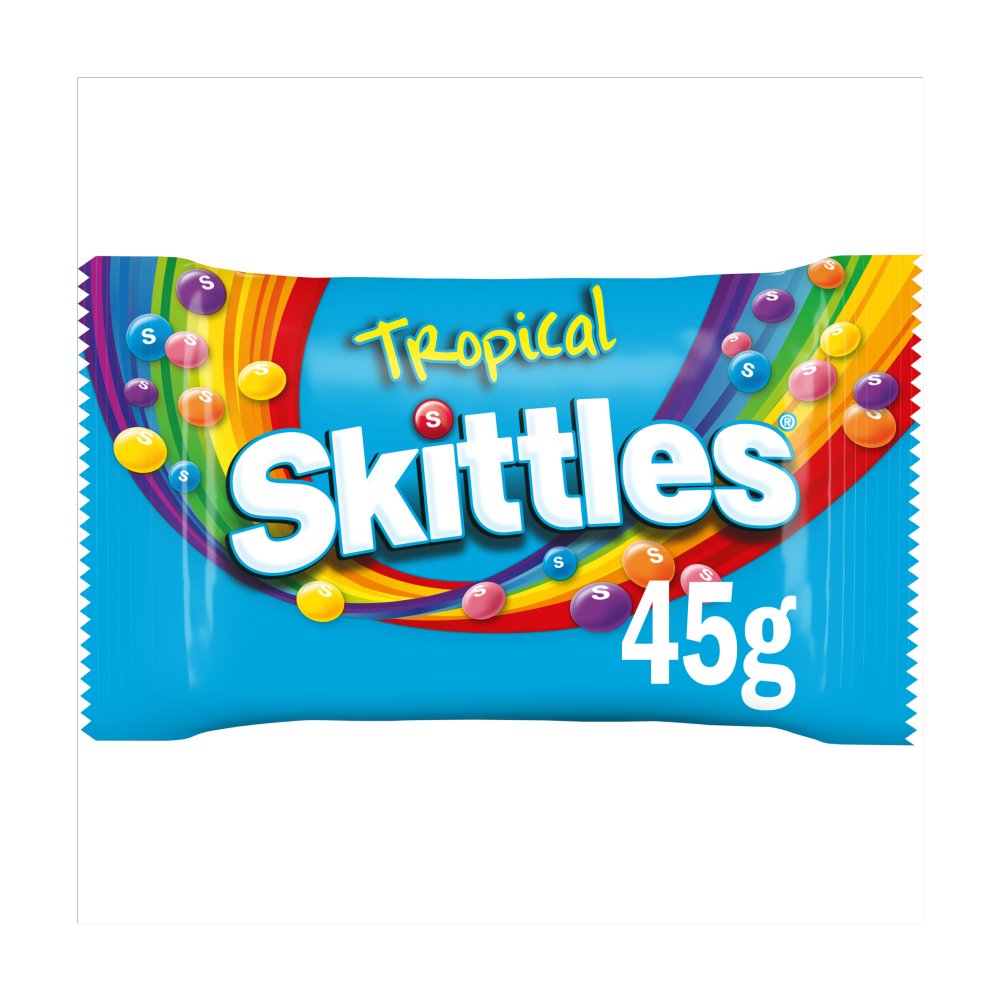 Skittles Chewy Sweets Bag Tropical (36 Packs x 45g) – product image of assorted tropical-flavoured chewy candy pieces
