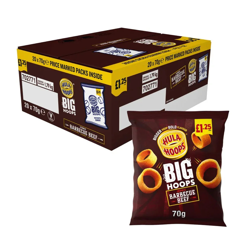 Hula Hoops Big Hoops Barbecue Beef Crisps (20 Pack x 70G) - Memo Cash and Carry 