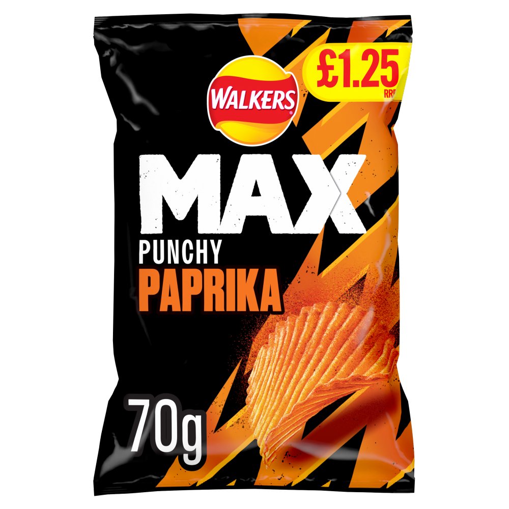 Walkers Max Punchy Paprika Crisps (15 Packs x 70g) – product image of thick-cut ridged crisps with bold paprika flavour
