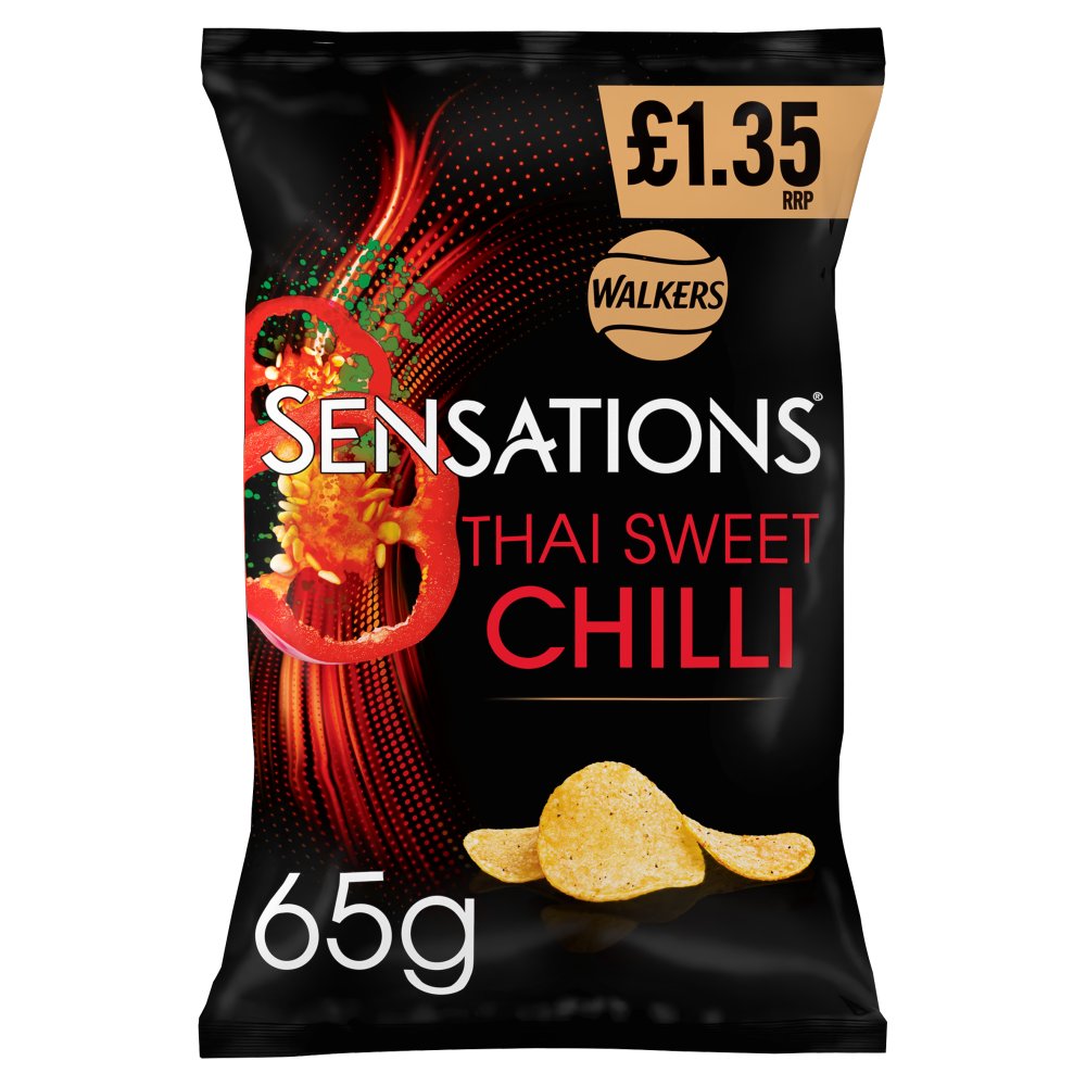 Walkers Sensations Thai Sweet Chilli Crisps (18 Packs x 65g) – product image of premium crunchy potato crisps with Thai sweet chilli flavour
