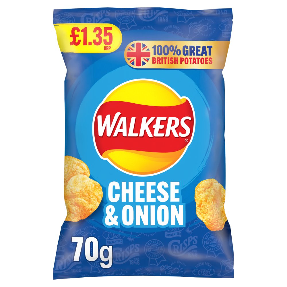 Walkers Cheese & Onion Sharing Crisps (18 Packs x 70g) – product image of classic potato crisps with cheese and onion flavour
