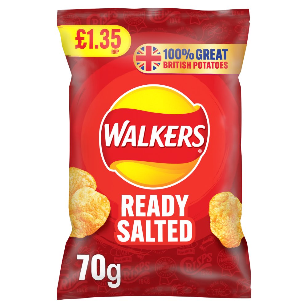 Walkers Ready Salted Sharing Crisps (18 Packs x 70g) – product image of classic salted crispy potato chips
