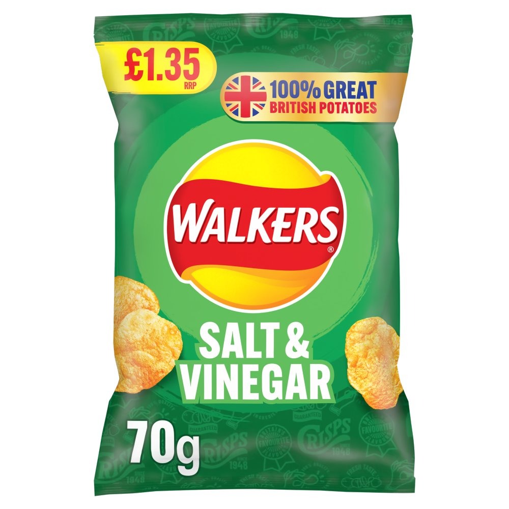 Walkers Salt & Vinegar (18 Pack x 70g) – product image of classic crispy potato chips with salt and vinegar flavour
