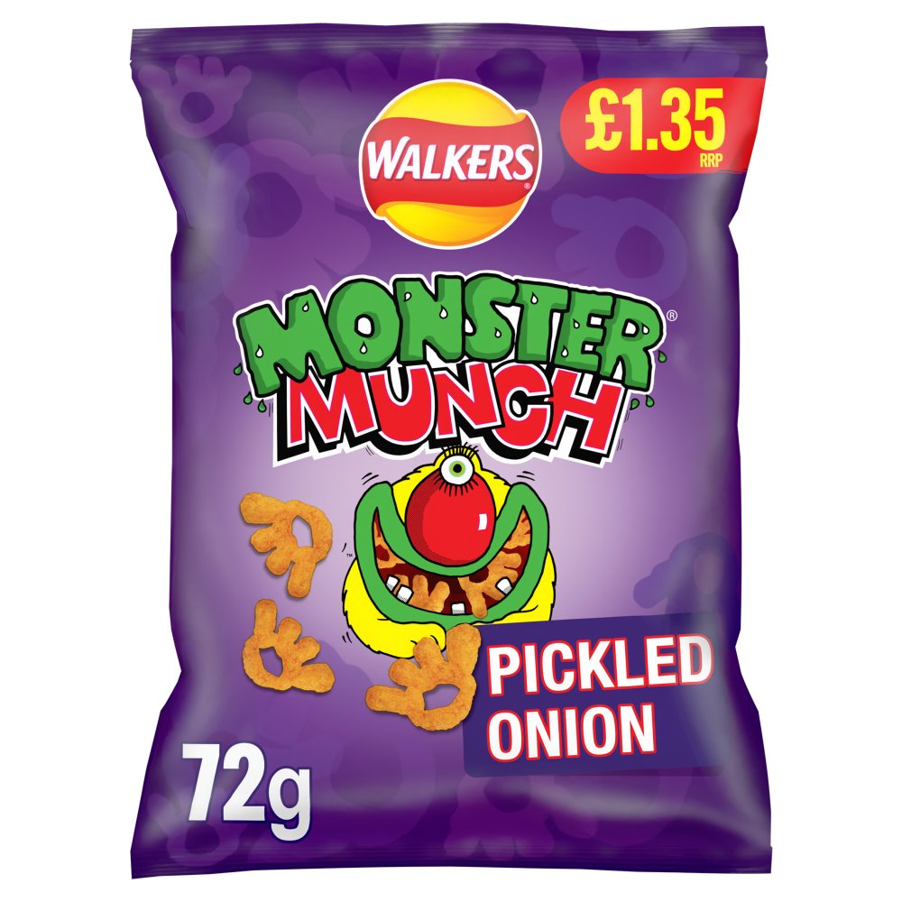 Walkers Monster Munch Pickled Onion Crisps (18 Packs x 72g) – product image of crunchy, pickled onion–flavoured corn snacks
