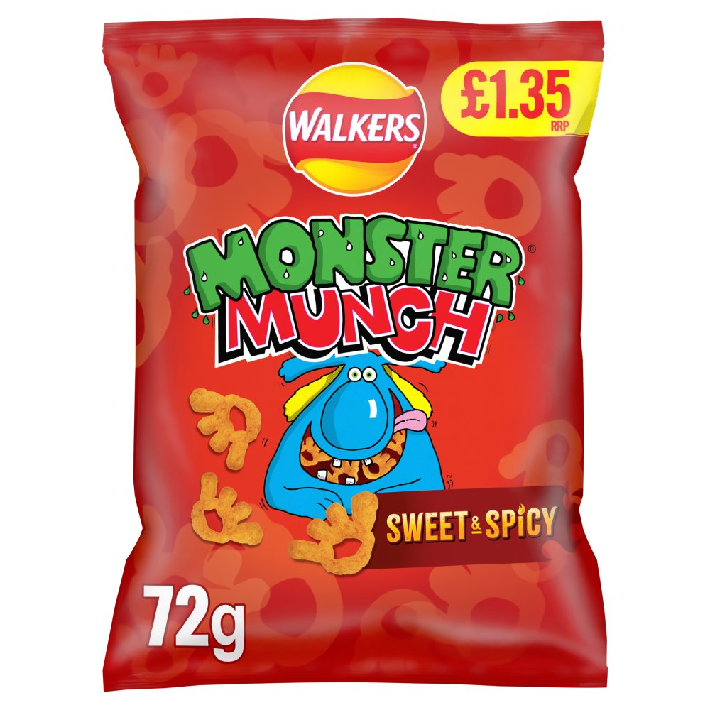 Walkers Monster Munch Sweet & Spicy Snacks (18 Packs x 72g) – product image of crunchy corn snacks with sweet and spicy flavour
