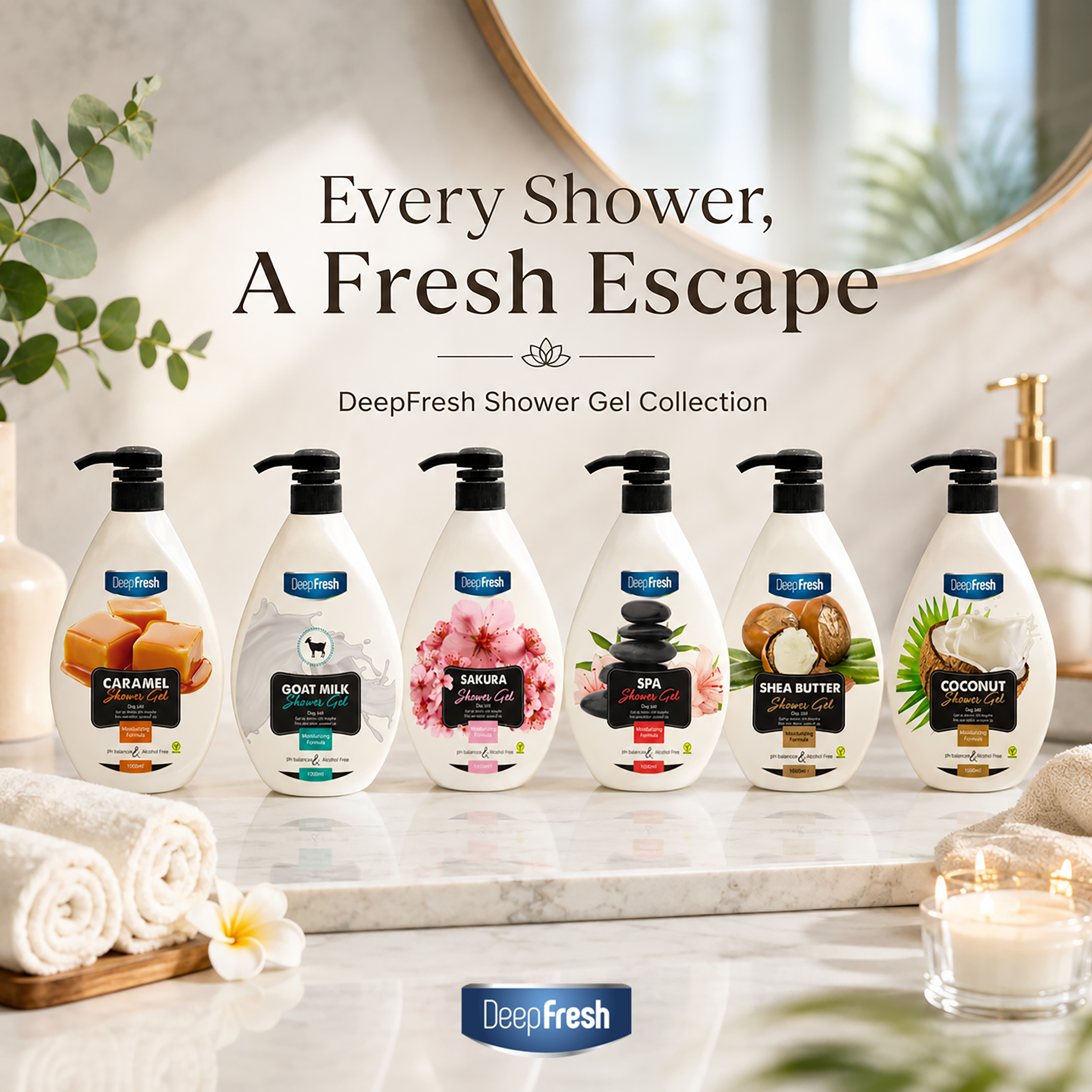 DEEP FRESH 6 X 1000ML SHOWER GELS, Caramel, Spa, Goat Milk, Shea Butter, Sakura and Coconut Shower