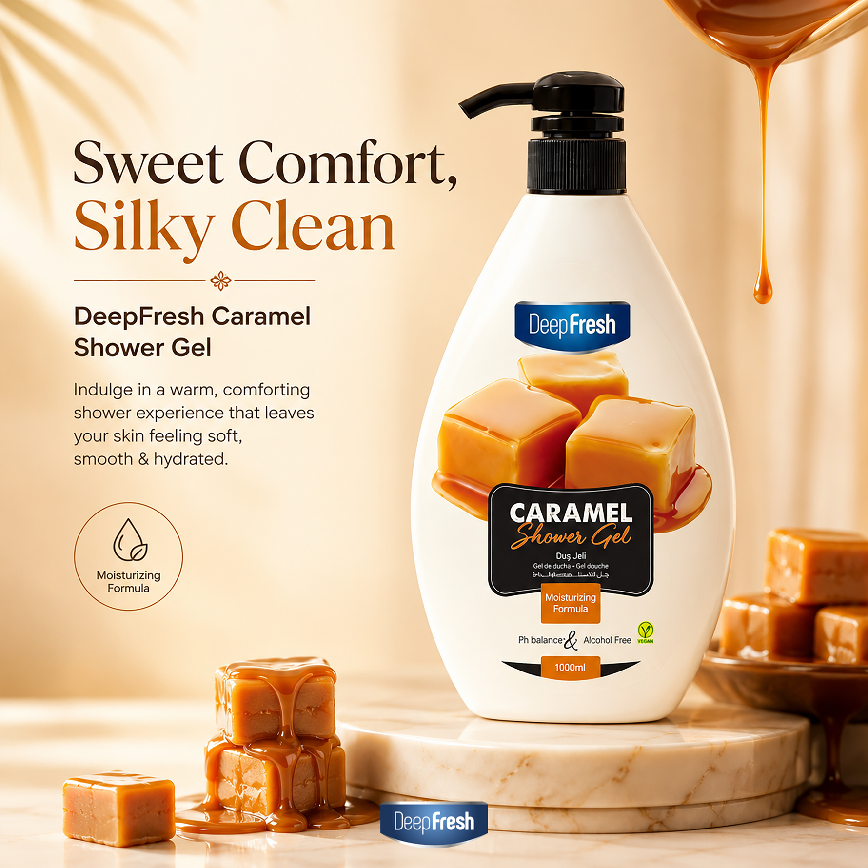 DEEP FRESH 6 X 1000ML SHOWER GELS, Caramel, Spa, Goat Milk, Shea Butter, Sakura and Coconut Shower