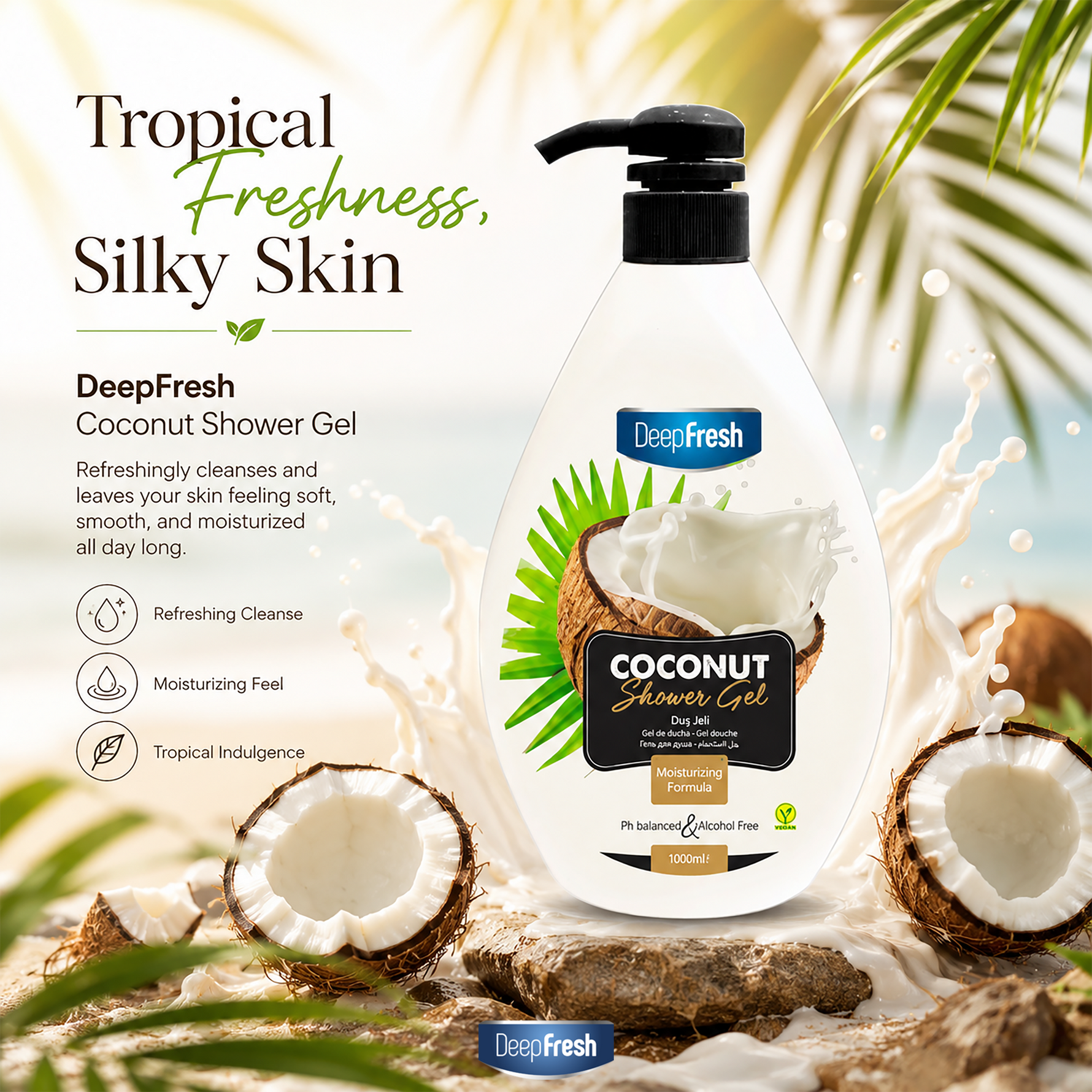 DEEP FRESH 6 X 1000ML SHOWER GELS, Caramel, Spa, Goat Milk, Shea Butter, Sakura and Coconut Shower