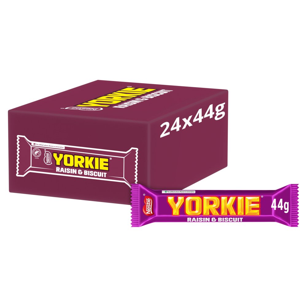 Yorkie Raisin & Biscuit Chocolate Bar (24 Pack x 44g) – product image of chunky milk chocolate bars with raisins and crispy biscuit pieces
