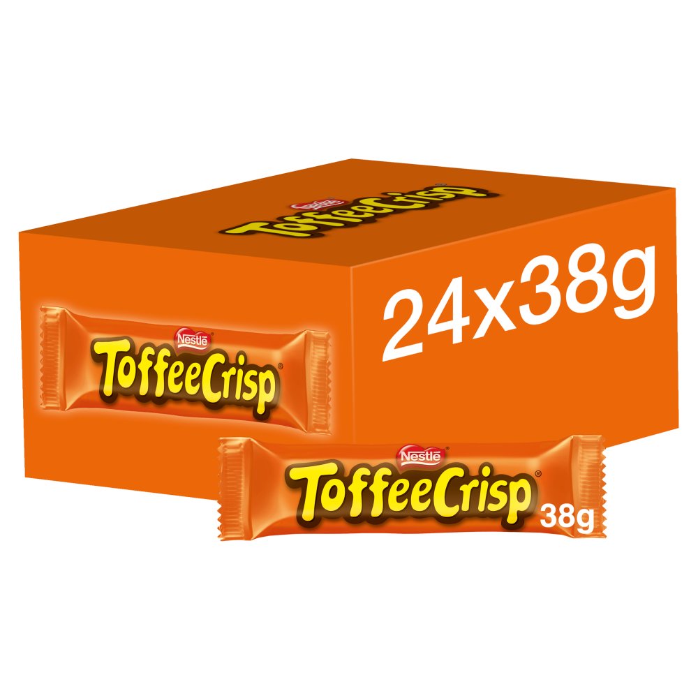 Toffee Crisp Milk Chocolate Bar (24 Pack x 38g) – product image of milk chocolate bars with crispy cereal and chewy caramel
