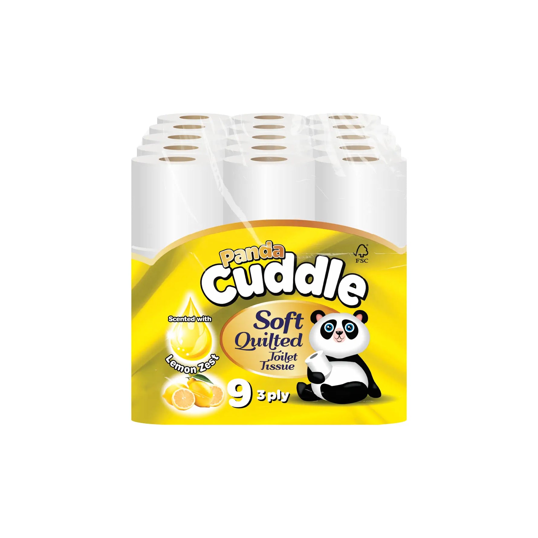 Panda Cuddle Lemon 3ply 9x5 – soft and absorbent three-ply toilet tissue with a fresh lemon scent, ideal for everyday household use.
