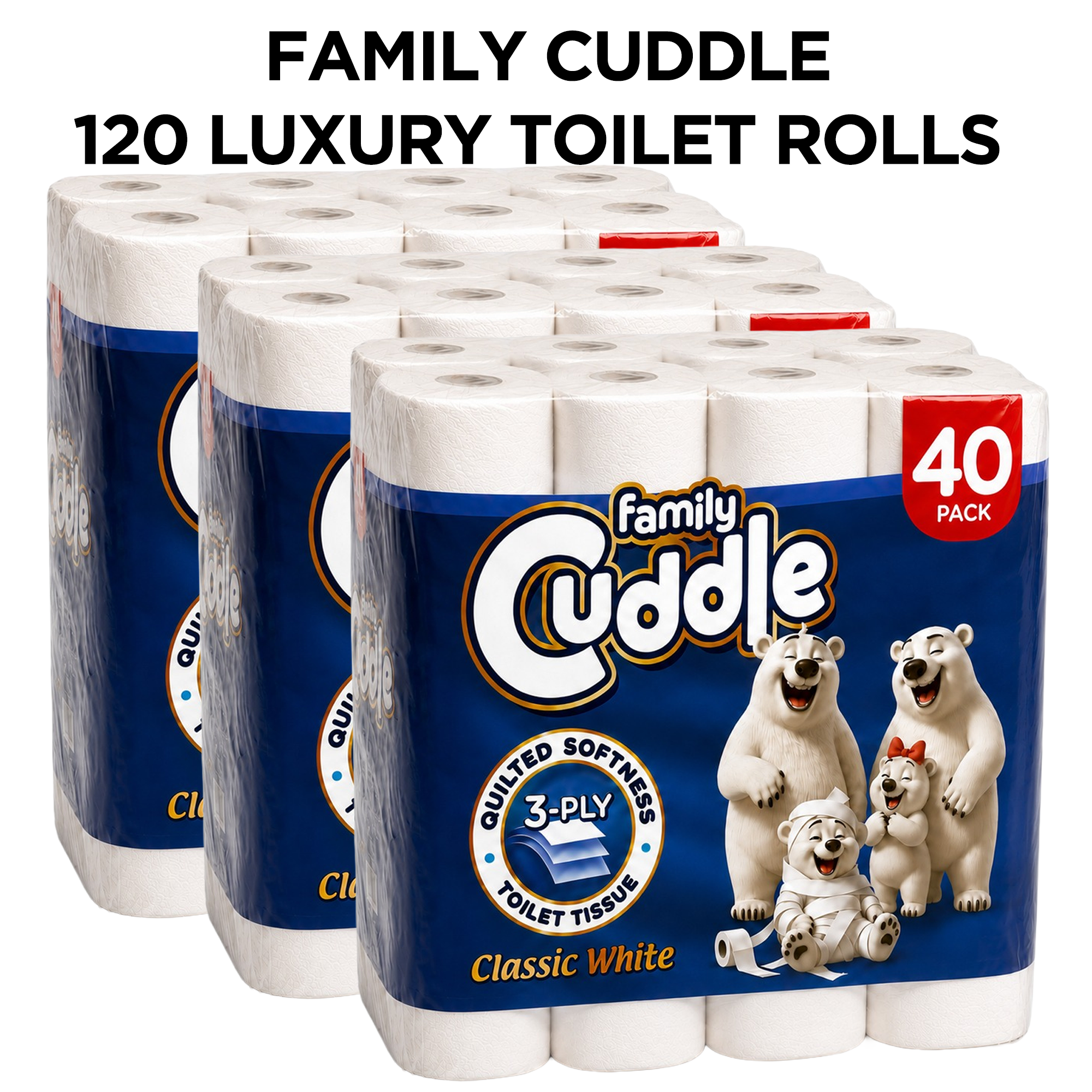 Family Cuddle 3-Ply Premium Toilet Rolls – 120 Rolls – Quilted Soft & Strong Toilet Tissue – Bulk Family Pack