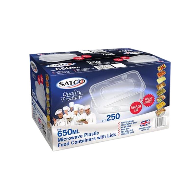 Satco 650ml Container with Lid – Pack of 250 durable food-grade containers with secure-fitting lids, ideal for larger takeaway portions, meal prep, food storage, and microwave-safe packaging
