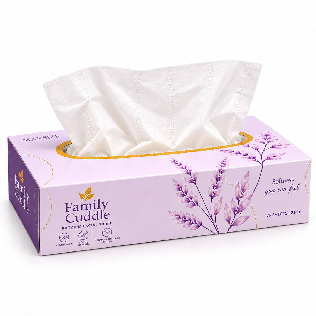 Family Cuddle Mansize Facial Tissues 24 Packs x  75 Large Sheets –  2 Ply, Premium Soft & Strong, 100% Virgin Pulp Paper, Dermatologically Tested, Gentle on Skin, Everyday Use