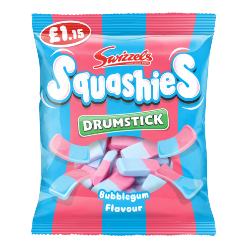 Swizzels Squashies Bubblegum Drumsticks (12 Pack x 120g) – product image of soft chewy sweets with bubblegum flavour
