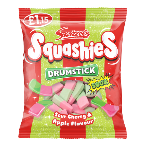 Swizzels Squashies Sour Cherry & Apple Drumsticks (12 Pack x 120g) – product image of soft chewy sweets with sour cherry and apple flavour
