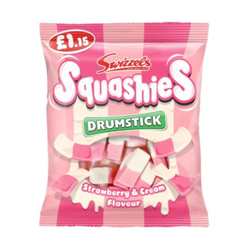 Swizzels Squashies Strawberry & Cream Drumsticks (12 Pack x 120g) – product image of soft chewy sweets with strawberry and cream flavour
