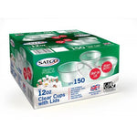 Satco 12oz M12 Hinged Plastic Sauce Pots – Pack of 150 clear durable portion pots with attached lids, ideal for larger servings of sauces, dips, sides, salads, and takeaway food service

