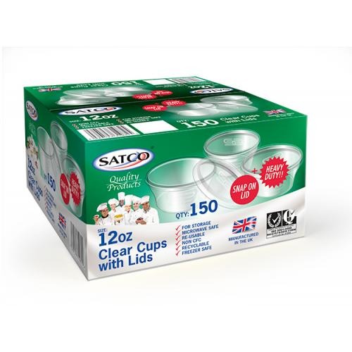 Satco 12oz M12 Hinged Plastic Sauce Pots – Pack of 150 clear durable portion pots with attached lids, ideal for larger servings of sauces, dips, sides, salads, and takeaway food service
