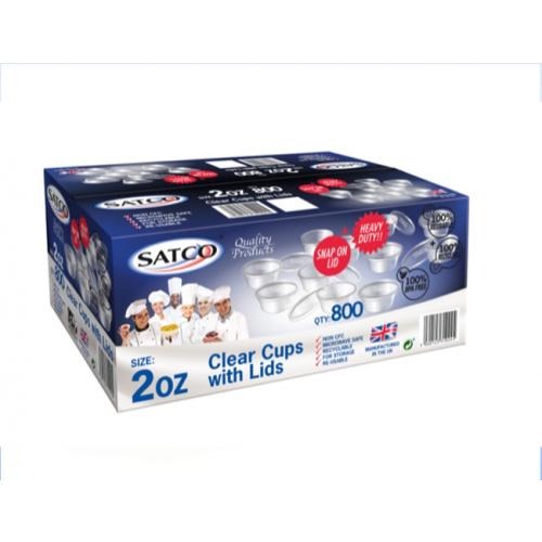 Satco 2oz Hinged Plastic Sauce Pots – Pack of 800 clear durable portion pots with attached lids, ideal for sauces, dips, dressings, condiments, and takeaway food service
