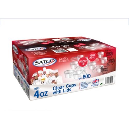 Satco 4oz Hinged Plastic Sauce Pots – Pack of 800 clear durable portion pots with attached lids, ideal for sauces, dips, dressings, condiments, and takeaway food service

