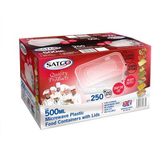 Satco 500ml Container with Lid – Pack of 250 durable food-grade containers with secure-fitting lids, ideal for takeaway meals, meal prep, storage, and microwave-safe food packaging
