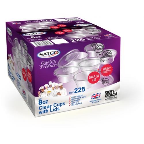 Satco 8oz M8 Hinged Plastic Sauce Pots – Pack of 225 clear durable portion pots with attached lids, ideal for larger servings of sauces, dips, sides, salads, and takeaway food service
