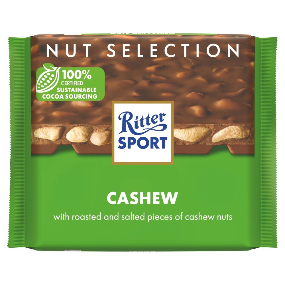 Ritter Sport Cashew (5 Packs x 100g) – product image of smooth milk chocolate bars with roasted cashew pieces
