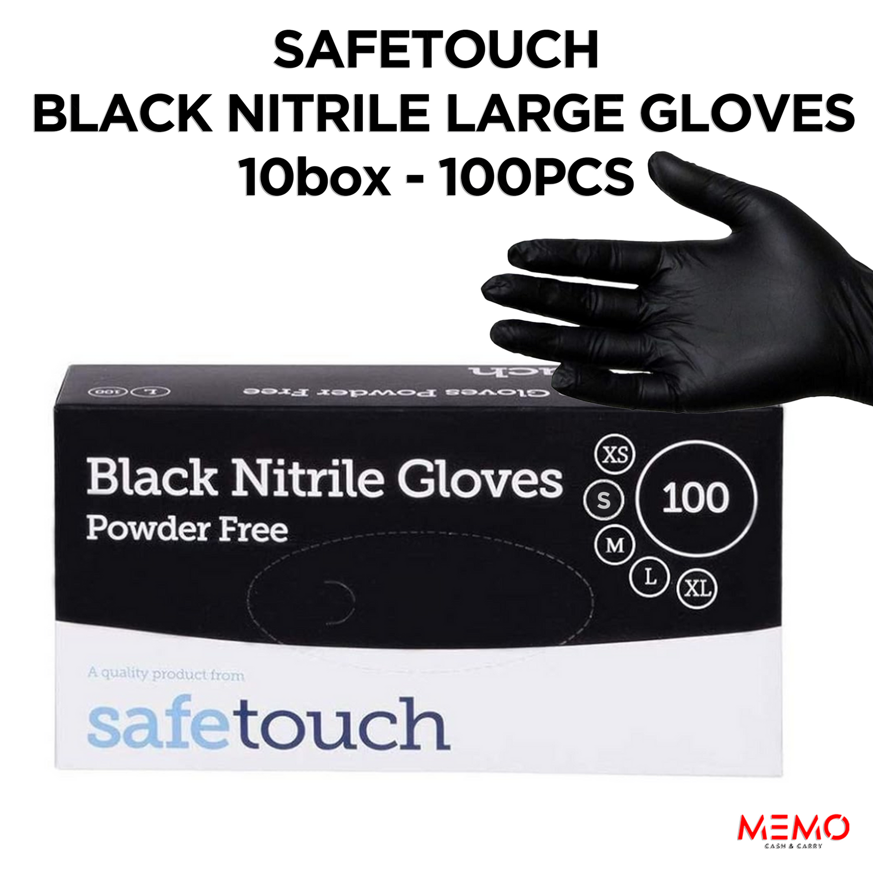 SAFETOUCH Black Nitrile Powder-Free Gloves (10 x 100 pcs, Large) – product image of durable large-size black disposable nitrile gloves, powder-free
