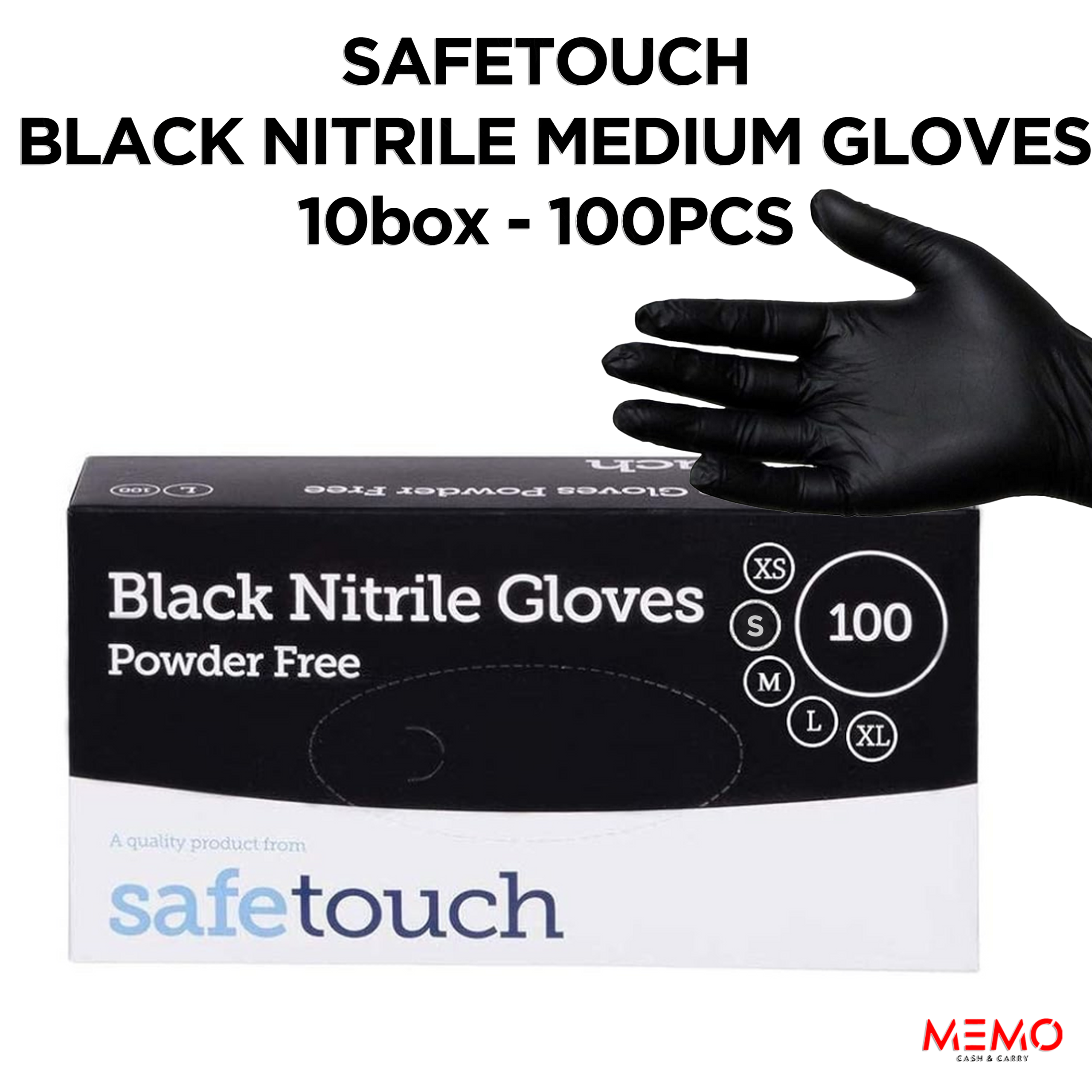 SAFETOUCH Black Nitrile Powder-Free Gloves (10 x 100 pcs, Medium) – product image of durable medium-size black disposable nitrile gloves, powder-free
