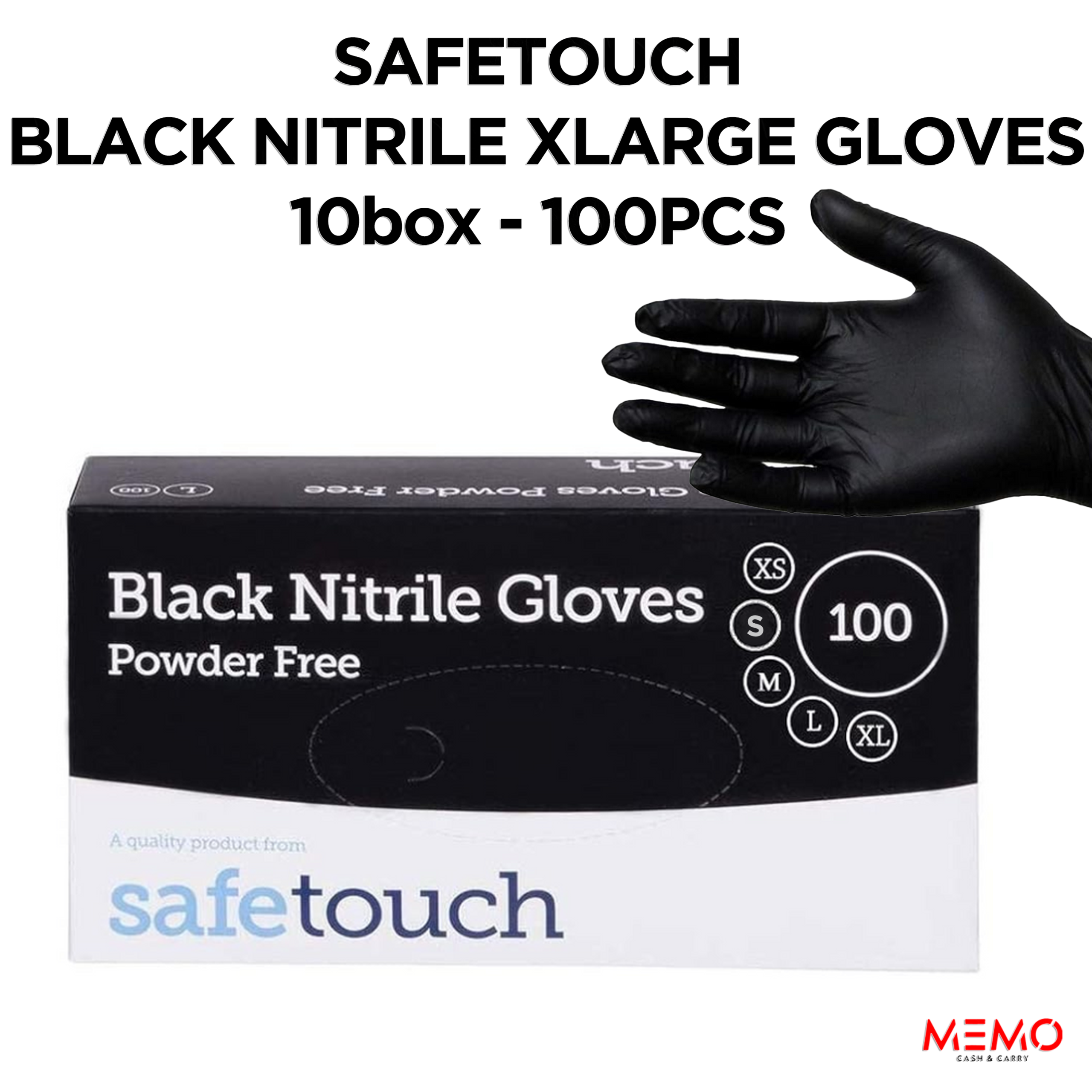 SAFETOUCH Black Nitrile Powder-Free Gloves (10 x 100 pcs, X-Large) – product image of durable extra-large black disposable nitrile gloves, powder-free
