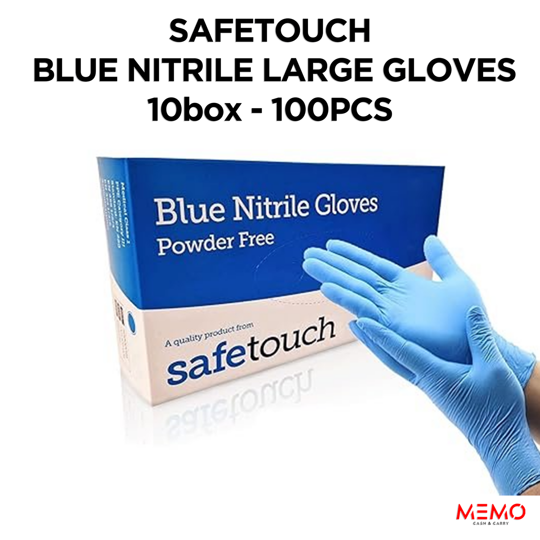 SAFETOUCH Blue Nitrile Powder-Free Gloves (10 x 100 pcs, Large) – product image of durable large-size blue disposable nitrile gloves, powder-free
