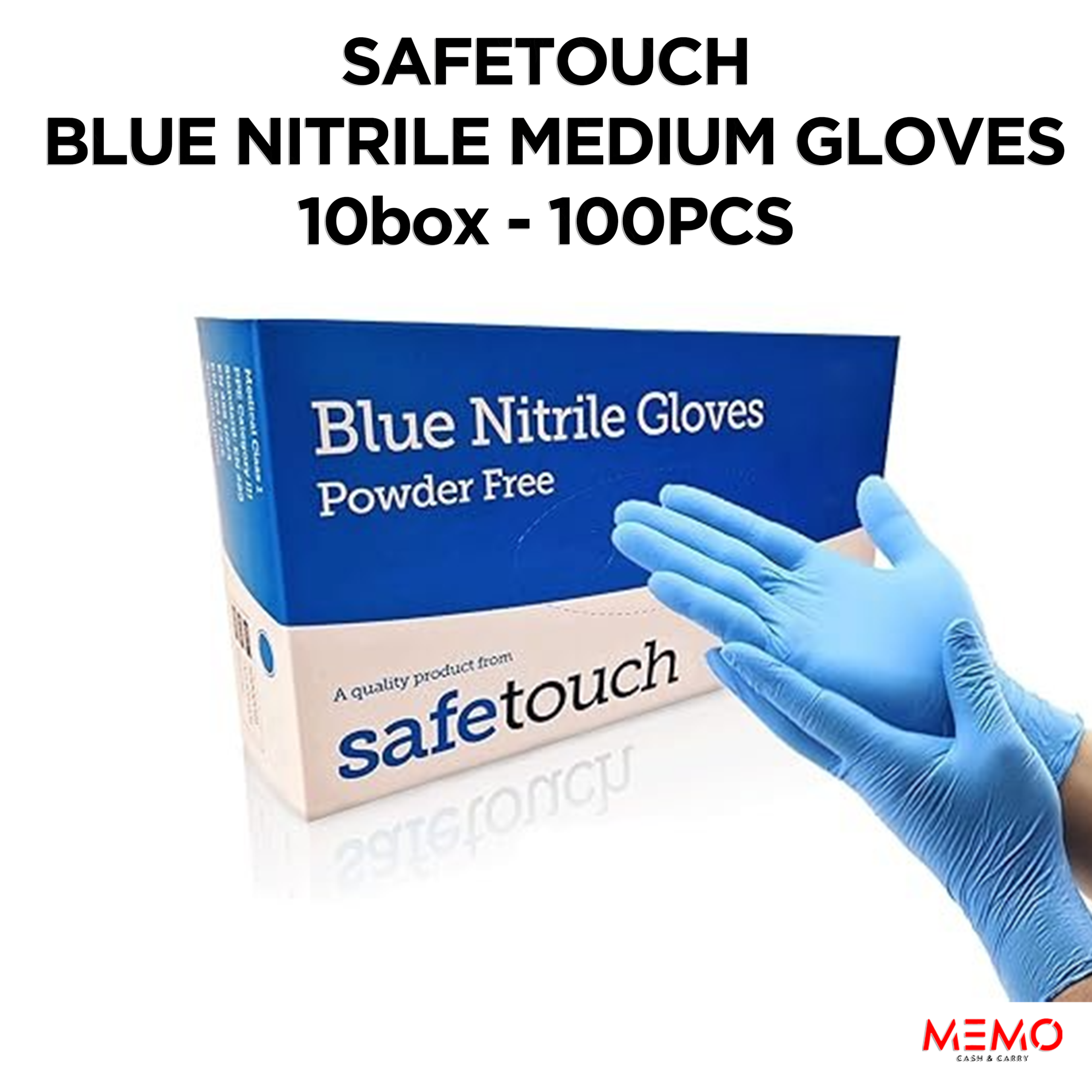 SAFETOUCH Blue Nitrile Powder-Free Gloves (10 x 100 pcs, Medium) – product image of durable medium-size blue disposable nitrile gloves, powder-free
