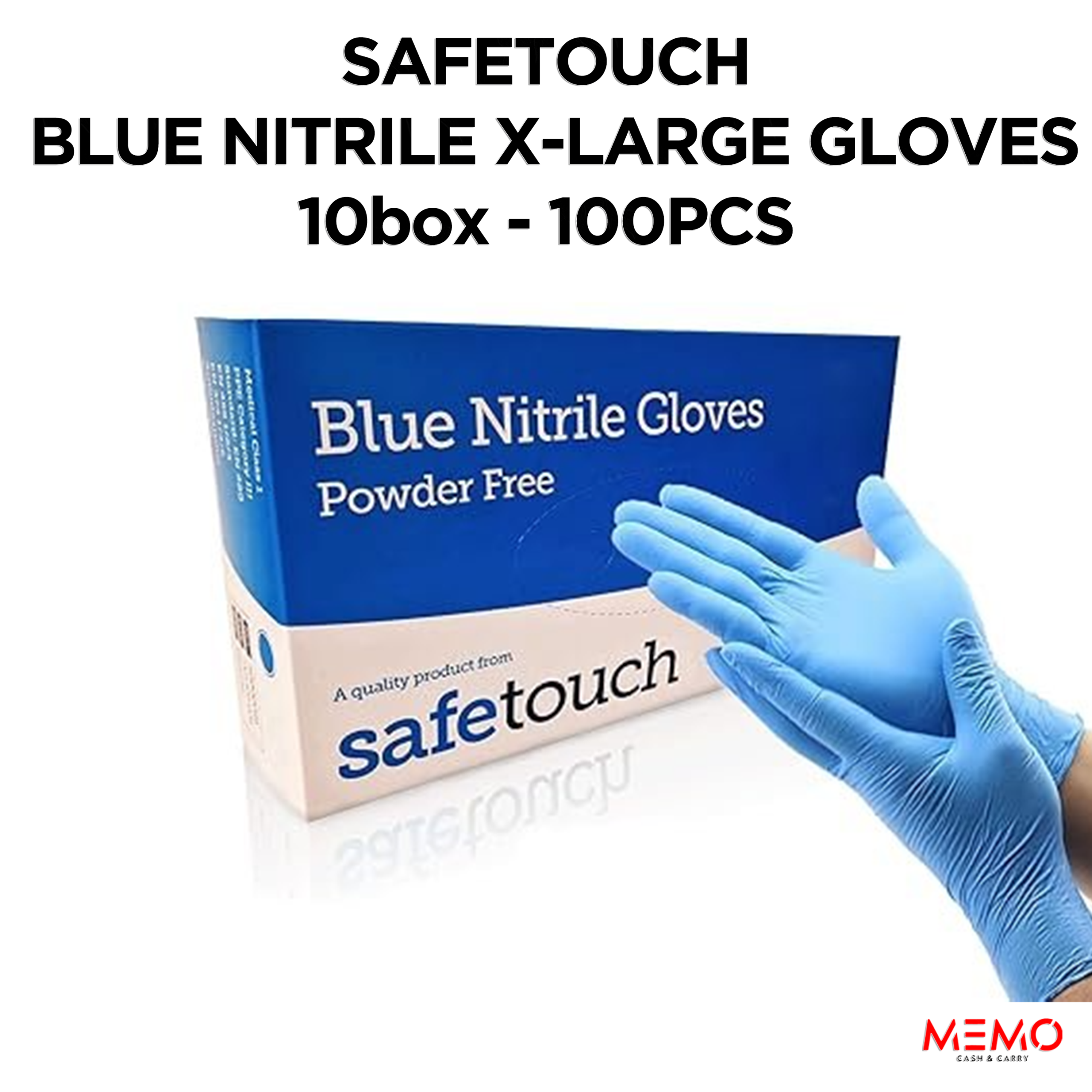 SAFETOUCH Blue Nitrile Powder-Free Gloves (10 x 100 pcs, X-Large) – product image of durable extra-large blue disposable nitrile gloves, powder-free
