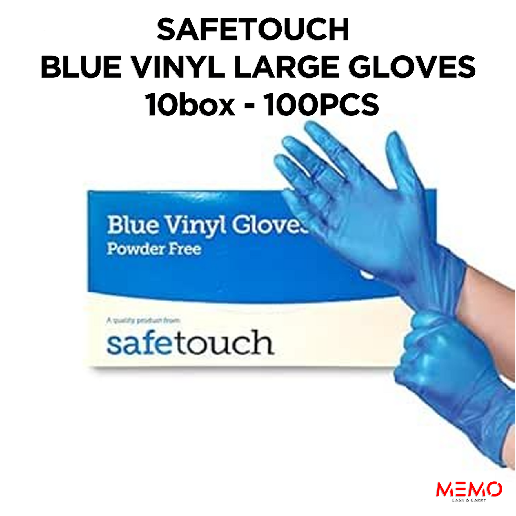 SAFETOUCH Blue Vinyl Powder-Free Gloves (10 x 100 pcs, Large) – product image of large-size blue disposable vinyl gloves, powder-free
