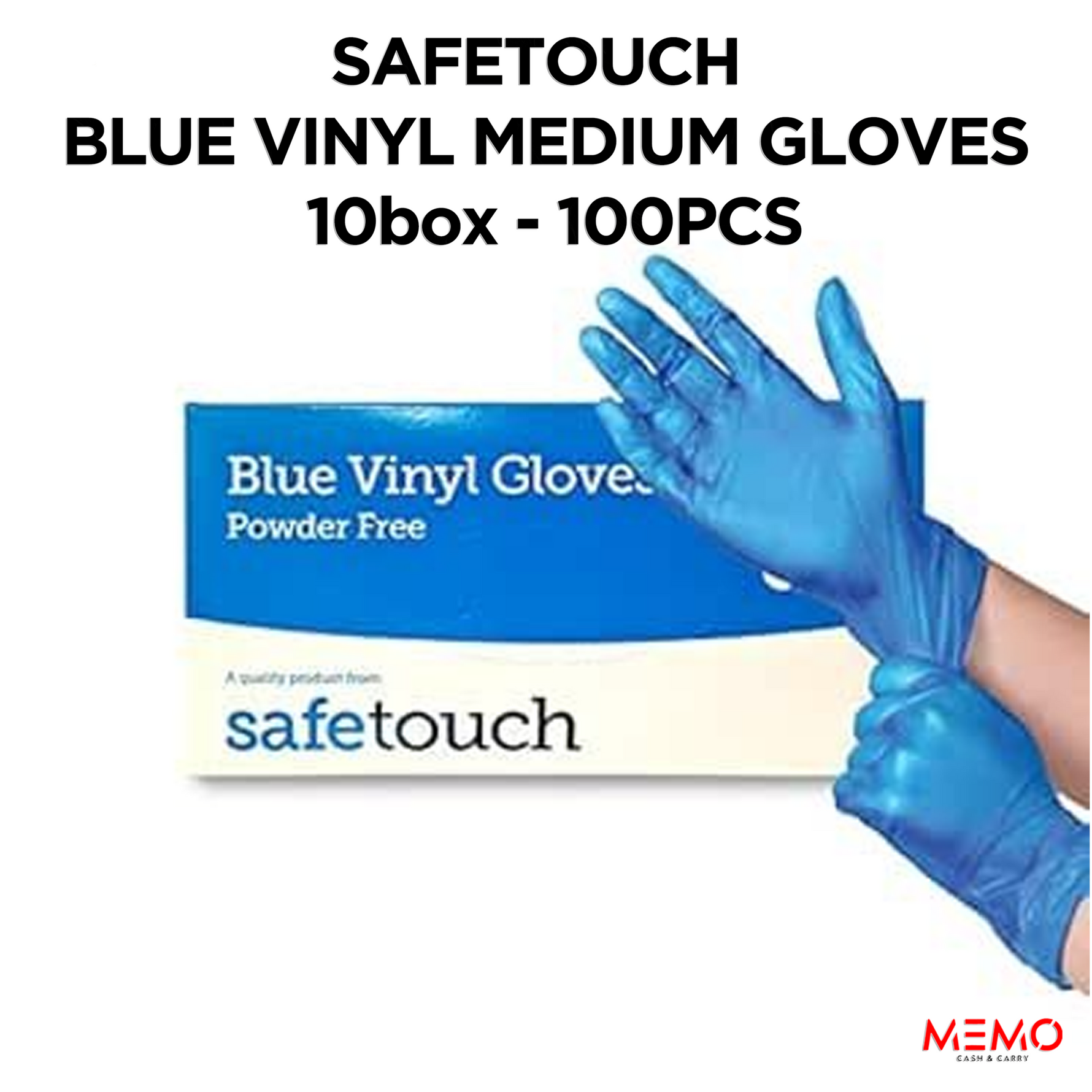 SAFETOUCH Blue Vinyl Powder-Free Gloves (10 x 100 pcs, Medium) – product image of medium-size blue disposable vinyl gloves, powder-free
