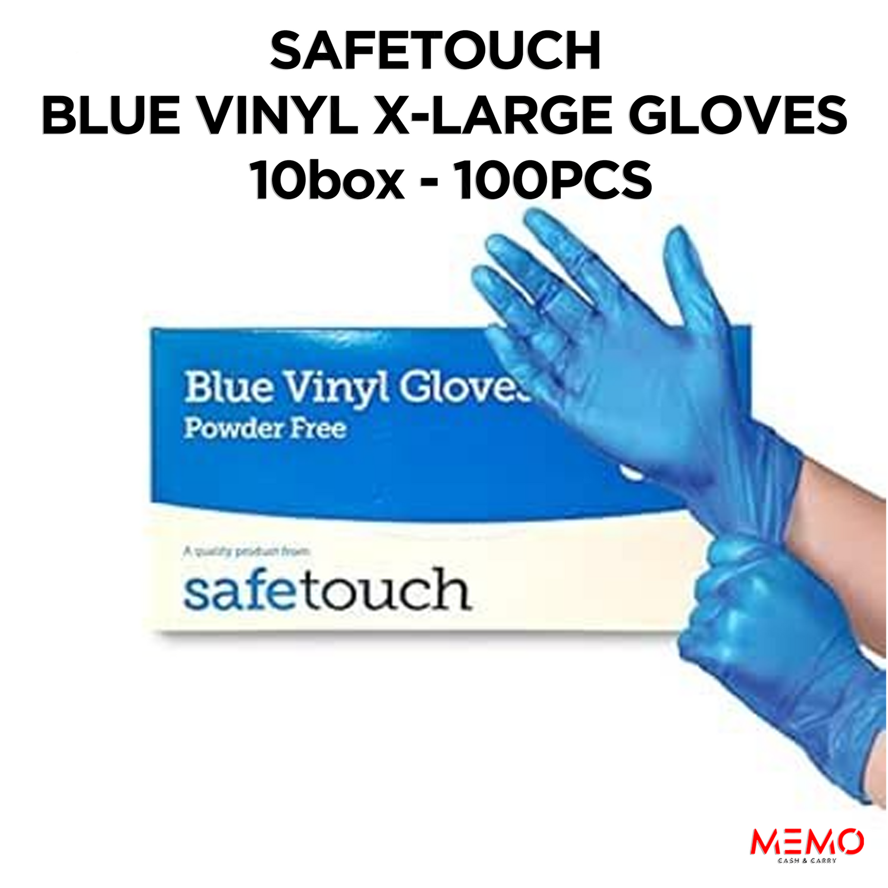 SAFETOUCH Blue Vinyl Powder-Free Gloves (10 x 100 pcs, X-Large) – product image of extra-large blue disposable vinyl gloves, powder-free
